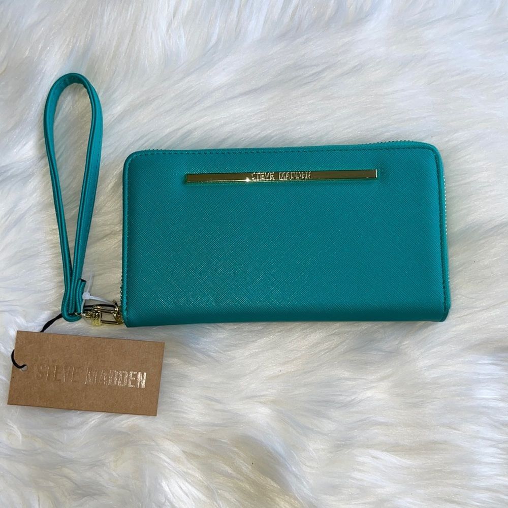 STEVE MADDEN Jungle Green & Gold Zip Around Wristlet Case Wallet. NWT